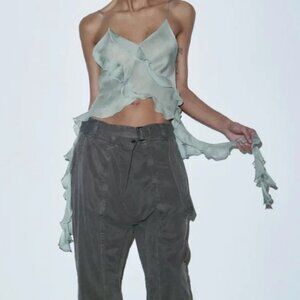 Zara- Sheer Long Ruffle Cami in Seafoam Green- NWT- S